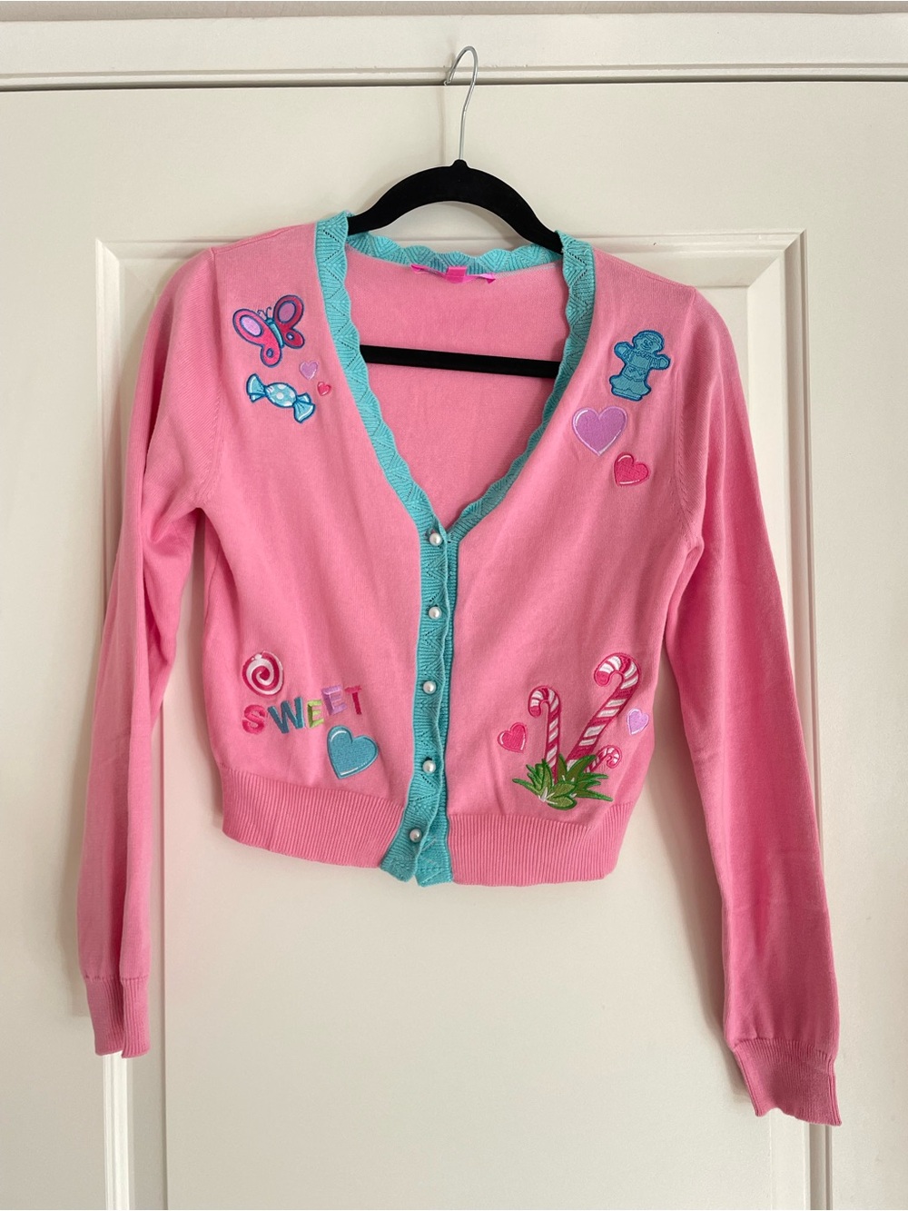 Dolls Kill Candyland Pink Embroidered Button Up Cardigan Sweater Women's Size s‎